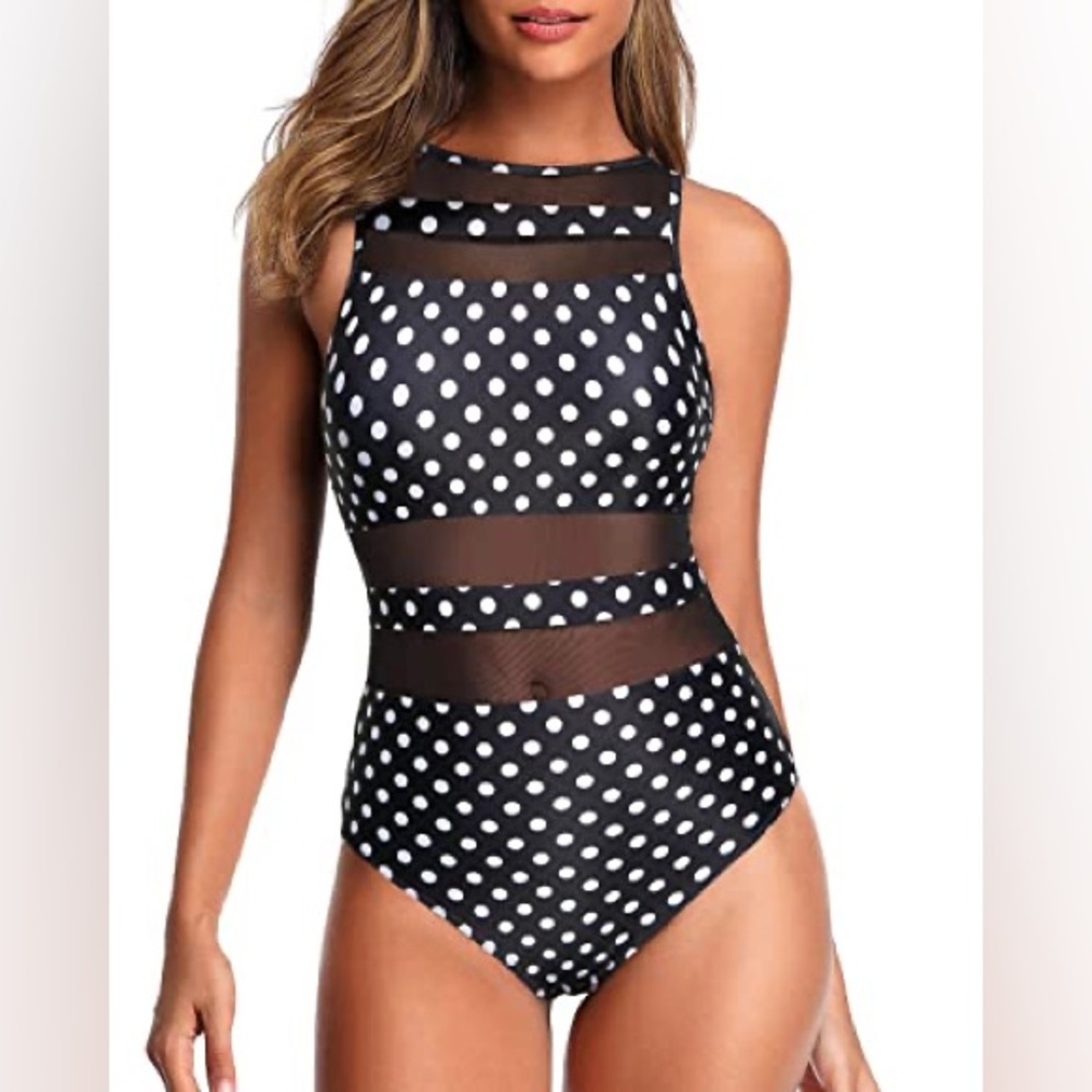 Slimming Mesh One-Piece Swimsuit - Black Dot - Sexy & Flattering NWT Size M
